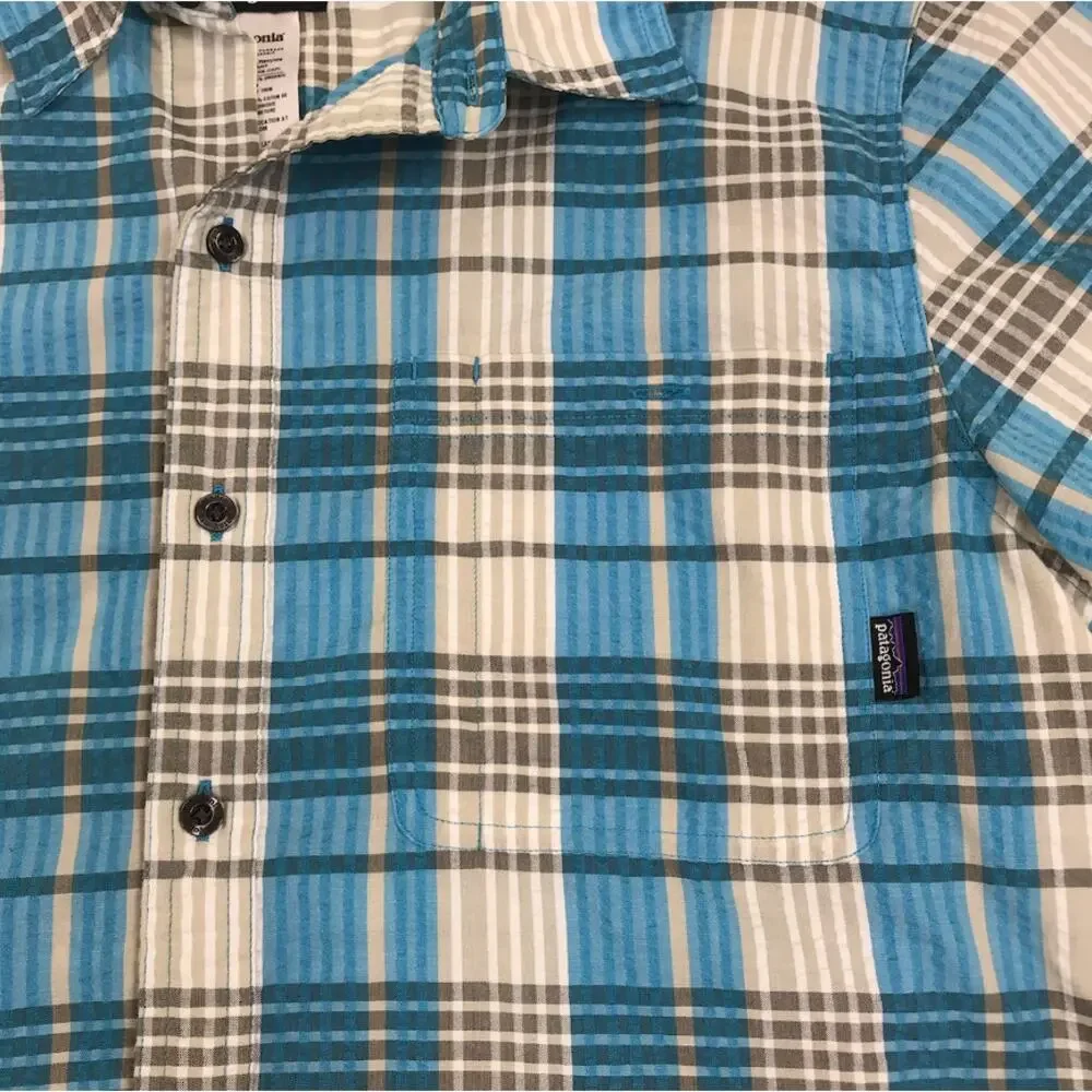 PATAGONIA Puckerware Plaid Short Sleeve Shirt Men M Blue Classic Crinkle Resort